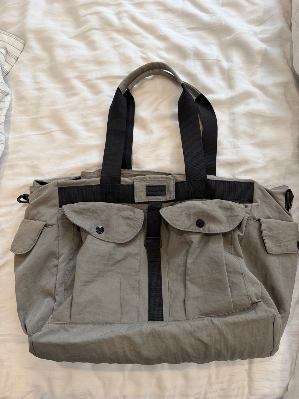 Nylon Utility Tote Bag in Olive with Black Straps